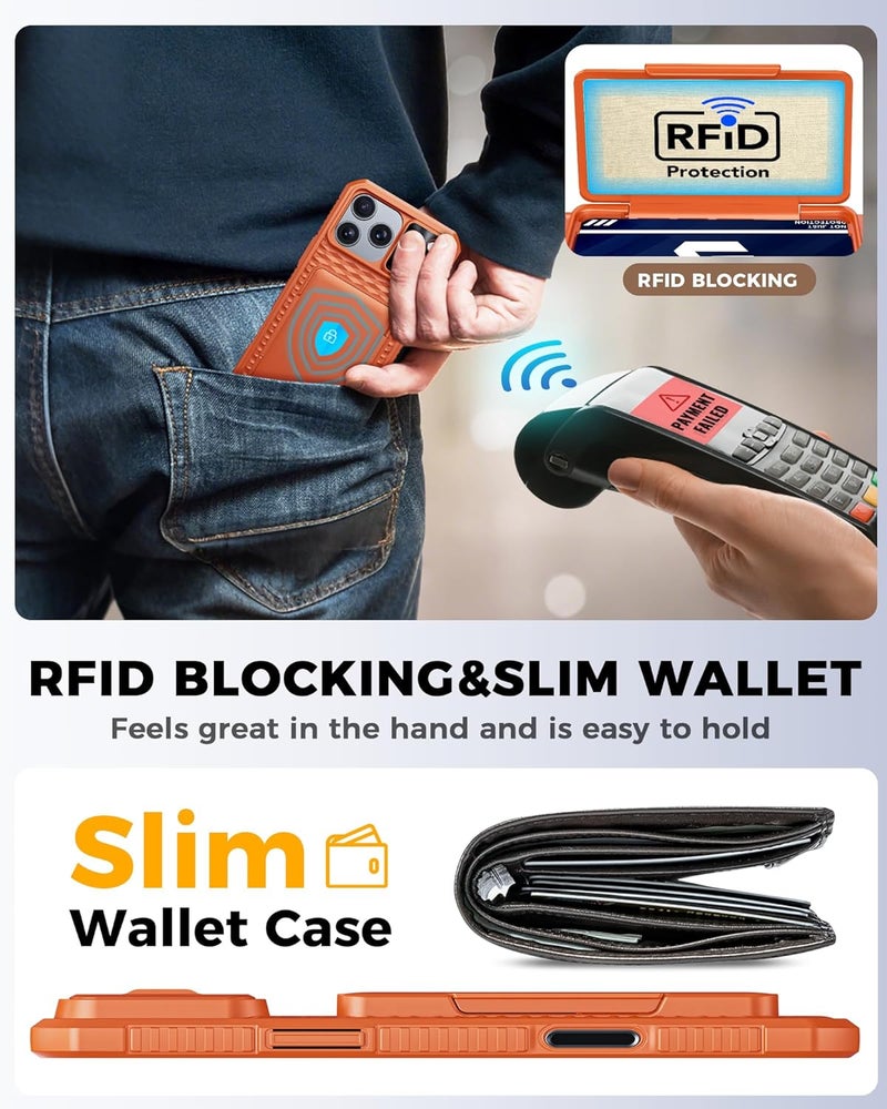 BSNRM for iPhone 17 Pro Max Case Wallet, Built-in RFID Blocking Card Holder (4-5 Cards), Camera Control Button, Slide Camera Cover, Shockproof Rugged Silicone Phone Case for iPhone 17 Pro Max, Orange - Image 5
